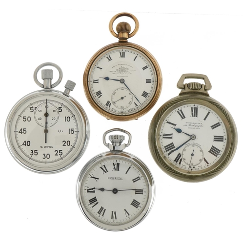 3609 - Four pocket watches and stop watches including Winegarten's Railway Regulator and Thomas Russell & S... 