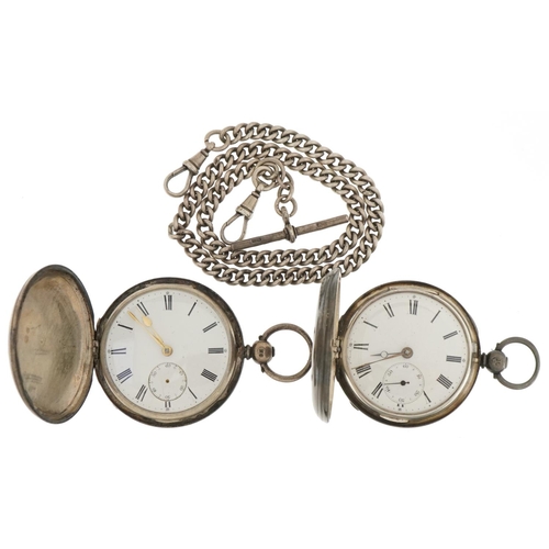 3461 - Two gentlemen's silver full hunter pocket watches and a silver watch chain with T bar and dog clip c... 