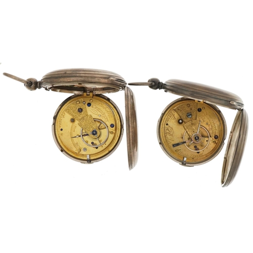 3461 - Two gentlemen's silver full hunter pocket watches and a silver watch chain with T bar and dog clip c... 