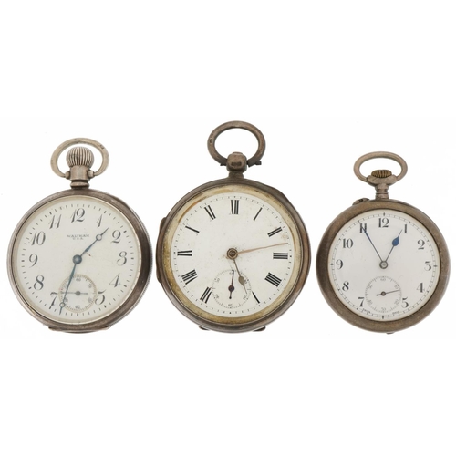 3399 - Three gentlemen's silver open face pocket watches including Waltham, the largest 54mm in diameter