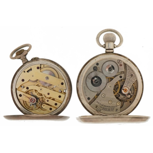 3399 - Three gentlemen's silver open face pocket watches including Waltham, the largest 54mm in diameter