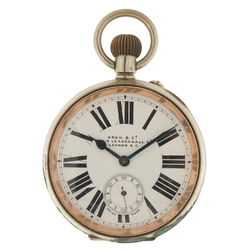 3428 - Drew & Co, white metal Goliath pocket watch, the enamelled dial having Roman numerals, 67mm in diame... 