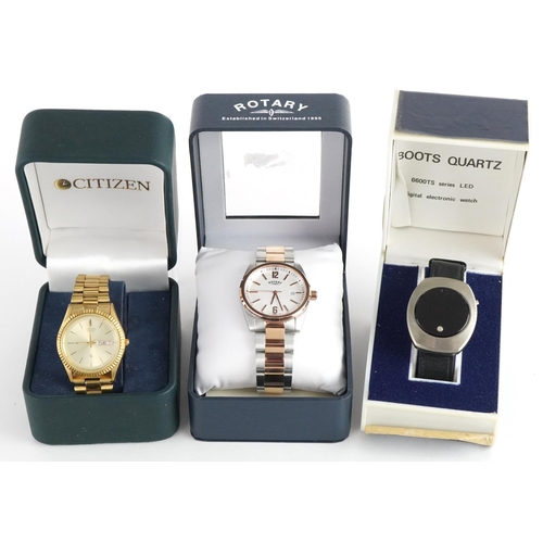 3572 - Three gentlemen's wristwatches with boxes comprising Citizen, Rotary and Boots digital electronic wa... 