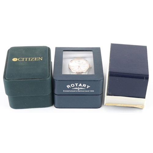 3572 - Three gentlemen's wristwatches with boxes comprising Citizen, Rotary and Boots digital electronic wa... 