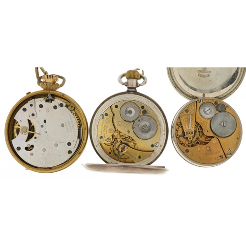 3643 - Three gentlemen's pocket watches and a Smiths Empire stopwatch including a silver full hunter pocket... 