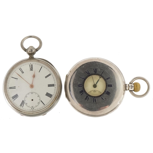 3483 - Two gentlemen's silver pocket watches including a half hunter, each with enamelled dial, the largest... 