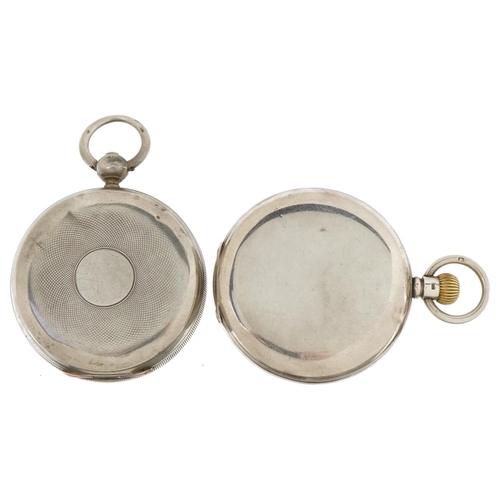 3483 - Two gentlemen's silver pocket watches including a half hunter, each with enamelled dial, the largest... 