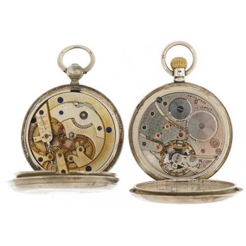 3483 - Two gentlemen's silver pocket watches including a half hunter, each with enamelled dial, the largest... 