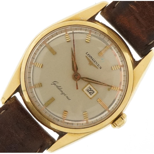 3026 - Longines, gentlemen's 18ct gold Longines Goldengines manual wristwatch with date aperture and box, t... 