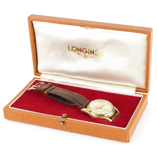 3026 - Longines, gentlemen's 18ct gold Longines Goldengines manual wristwatch with date aperture and box, t... 