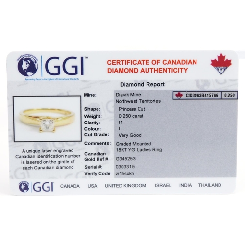 3168 - Canadian Ice, 18ct gold princess cut diamond ring, the diamond approximately 0.25 carat, size M, 3.0... 