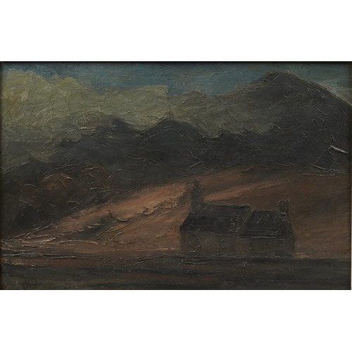 2372 - After Sir Kyffin Williams - Cottage beneath evening sky, Welsh school oil on board, mounted and fram... 