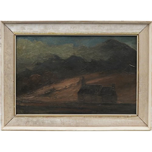 2372 - After Sir Kyffin Williams - Cottage beneath evening sky, Welsh school oil on board, mounted and fram... 