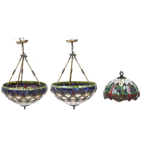 2437 - Three Art Nouveau style Tiffany design leaded light pendants including a pair, the pair each 44cm in... 