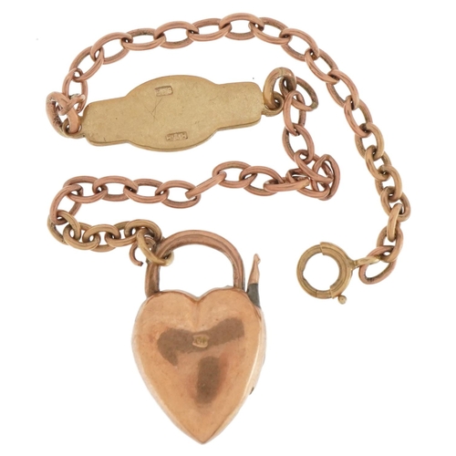 2620 - 9ct rose gold identity bracelet with a Victorian 9ct rose gold embossed love heart padlock, 18cm in ... 