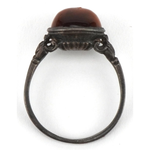 2818 - Antique style silver cabochon tiger's eye ring with pierced shoulders, size N, 2.3g