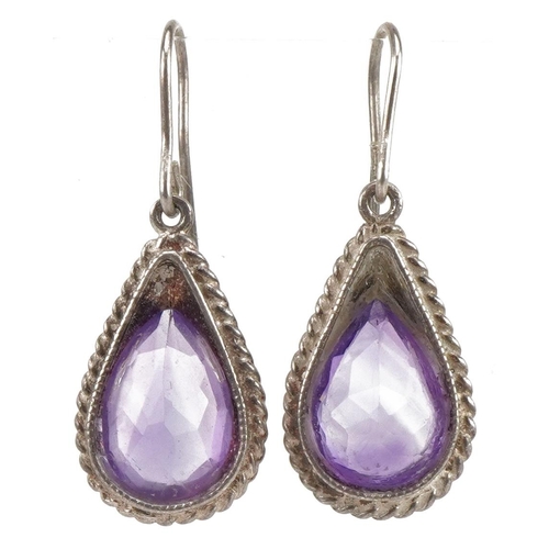 2724 - Pair of unmarked silver amethyst teardrop earrings, 2.7cm high, 2.2g