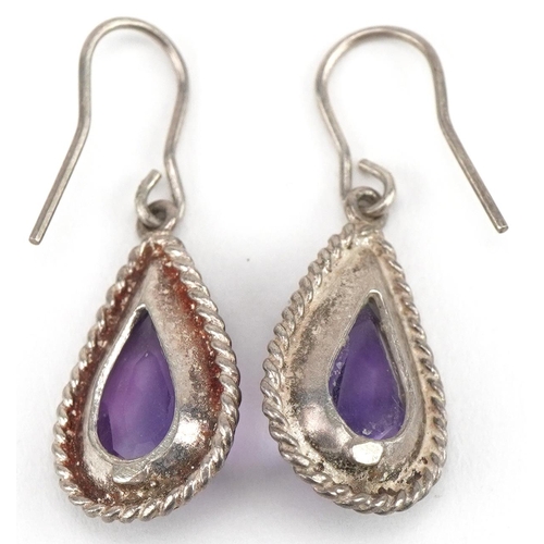 2724 - Pair of unmarked silver amethyst teardrop earrings, 2.7cm high, 2.2g