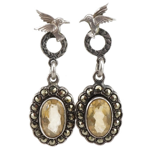 2815 - Pair of antique style silver citrine and marcasite drop earrings surmounted with a kingfisher, 3.5cm... 