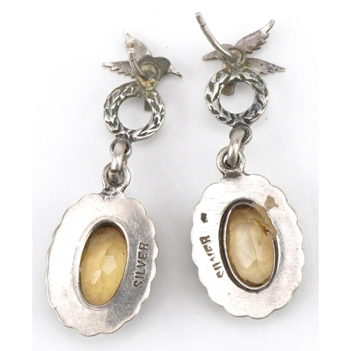 2815 - Pair of antique style silver citrine and marcasite drop earrings surmounted with a kingfisher, 3.5cm... 