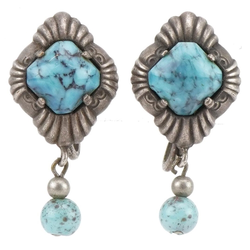 2817 - Pair of German unmarked silver turquoise drop earrings with screw backs, 3cm high, 4.8g