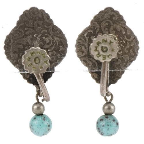 2817 - Pair of German unmarked silver turquoise drop earrings with screw backs, 3cm high, 4.8g