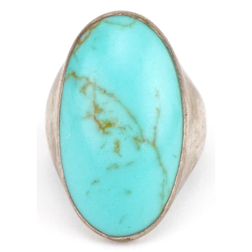 2748 - Large silver turquoise ring, 3cm in length, size R, 10.6g