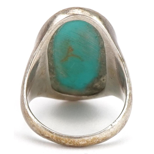 2748 - Large silver turquoise ring, 3cm in length, size R, 10.6g