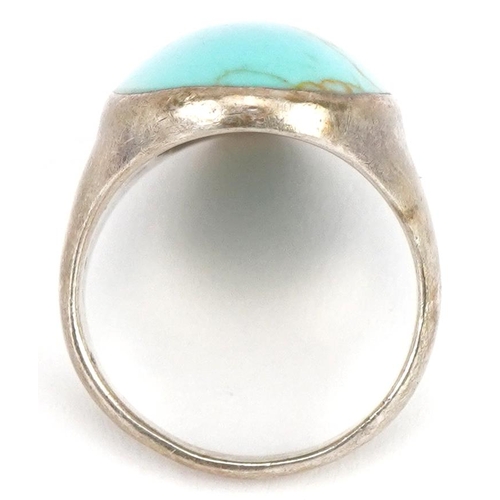 2748 - Large silver turquoise ring, 3cm in length, size R, 10.6g