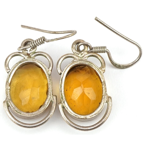 2788 - Pair of silver orange stone drop earrings, 4cm high, 7.6g