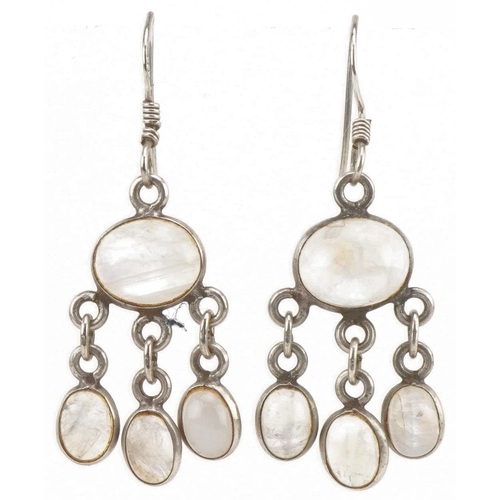 2808 - Pair of silver cabochon moonstone drop earrings, 4.4cm high, 4.7g