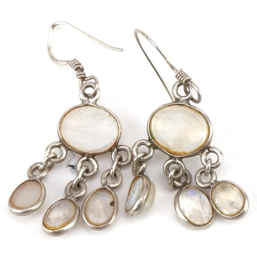 2808 - Pair of silver cabochon moonstone drop earrings, 4.4cm high, 4.7g