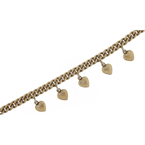 2826 - Silver gilt charm bracelet with five love heart charms, 16cm in length, 10.2g