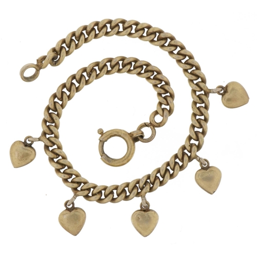 2826 - Silver gilt charm bracelet with five love heart charms, 16cm in length, 10.2g