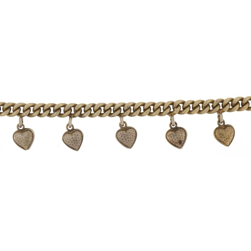 2826 - Silver gilt charm bracelet with five love heart charms, 16cm in length, 10.2g