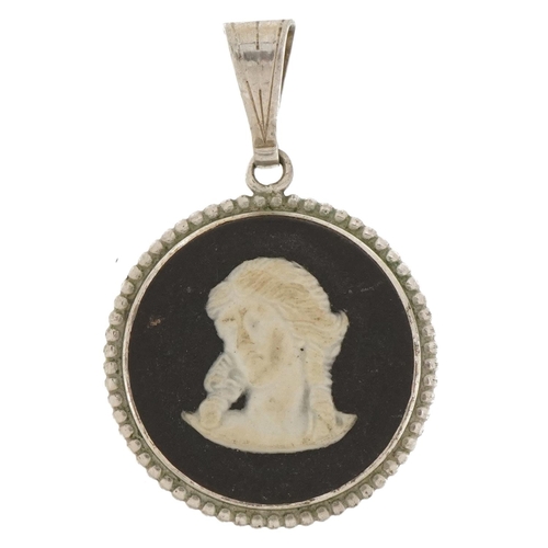 2801 - Silver mounted Wedgwood black and white Jasperware pendant decorated in relief with a maiden, impres... 