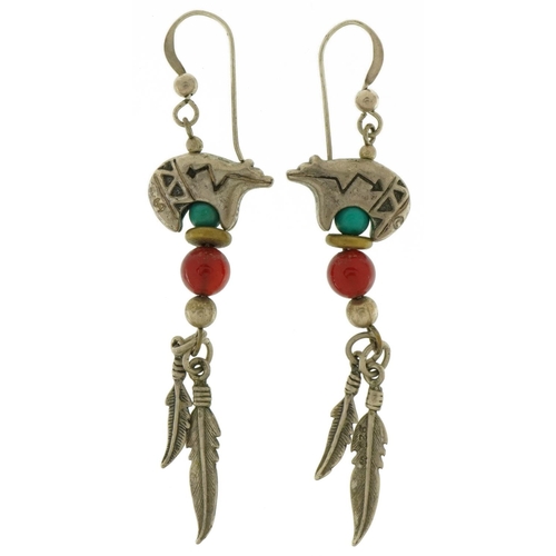 2711 - Pair of Middle Eastern silver and bead raccoon and feather drop earrings, 6cm high, 9.4g