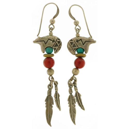 2711 - Pair of Middle Eastern silver and bead raccoon and feather drop earrings, 6cm high, 9.4g