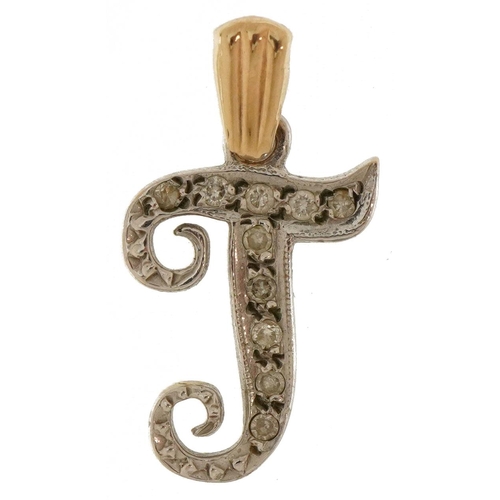 2567 - 9ct gold diamond initial J pendant, 2.3cm high, 1.2g