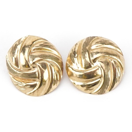 2593 - Pair of 9ct gold embossed knot design stud earrings, 12mm in diameter, 0.5g