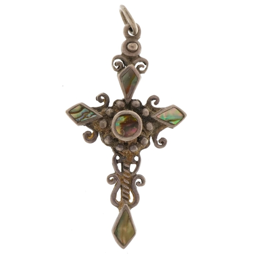 2702 - Renaissance Revival silver and abalone cross pendant, 4cm high, 3.0g