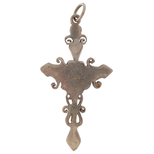 2702 - Renaissance Revival silver and abalone cross pendant, 4cm high, 3.0g