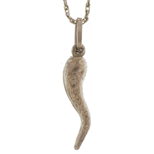 2812 - Embossed silver horn of plenty charm on a silver necklace, 3cm high and 52cm in length, 3.3g