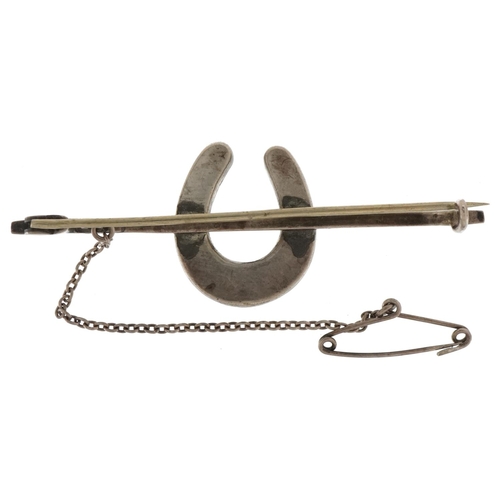 2175 - Antique unmarked silver and clear paste lucky horseshoe bar brooch, 5.5cm wide, 6.2g