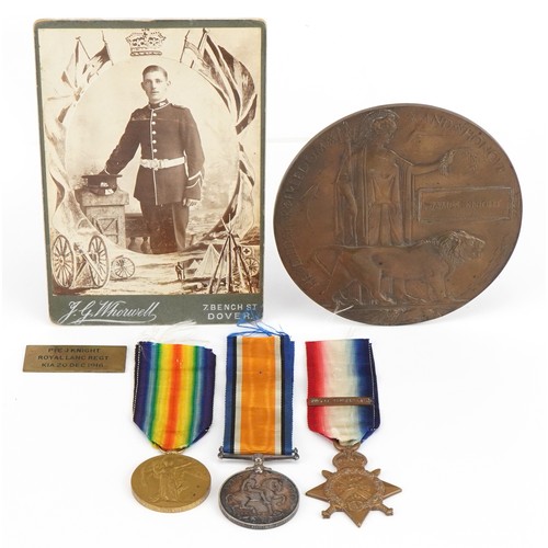 1387 - British military World War I trio with Mons star and death plaque relating to Private James Knight o... 