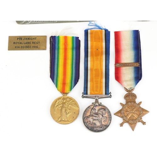 1387 - British military World War I trio with Mons star and death plaque relating to Private James Knight o... 