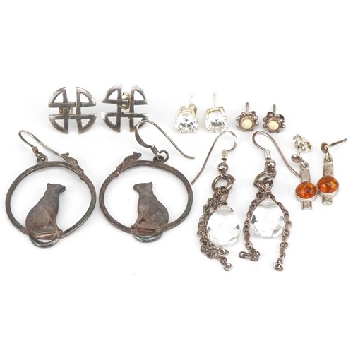 3674 - Six pairs of earrings, mostly silver including amber and crystal, the largest 4cm high, total weight... 