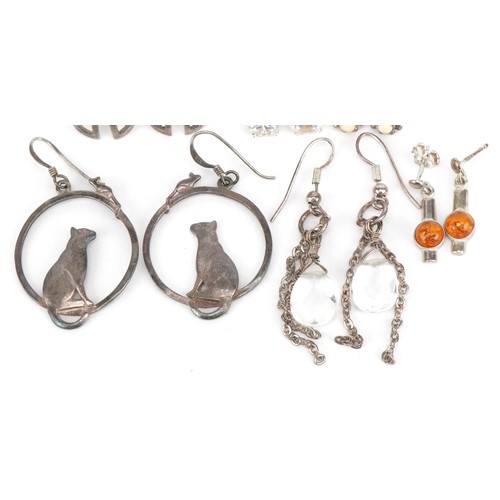 3674 - Six pairs of earrings, mostly silver including amber and crystal, the largest 4cm high, total weight... 