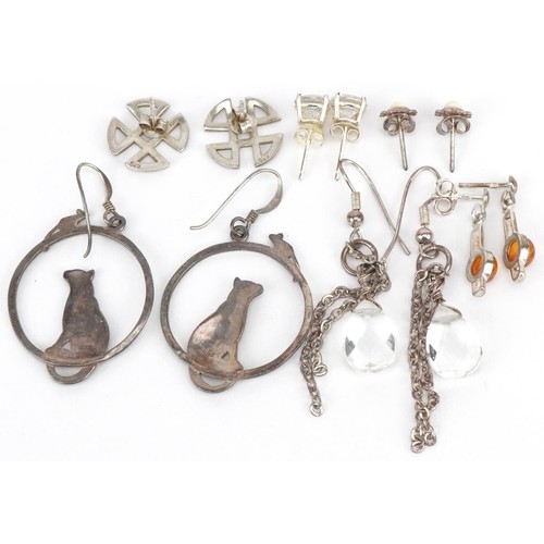 3674 - Six pairs of earrings, mostly silver including amber and crystal, the largest 4cm high, total weight... 