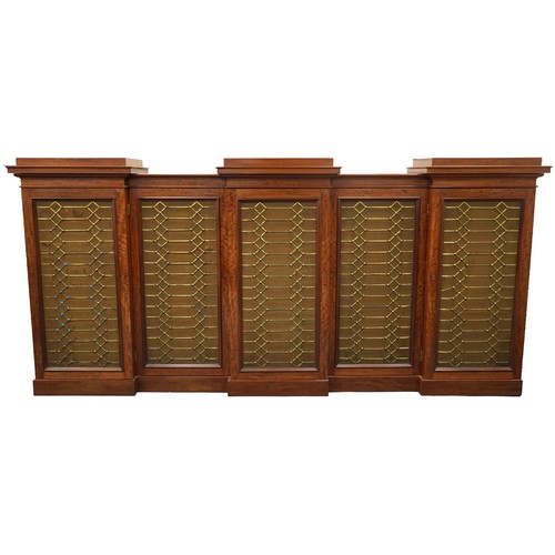 2005 - William IV Cuban ‘fiddleback’ mahogany library bookcase with five brass grill fronted doors, each en... 